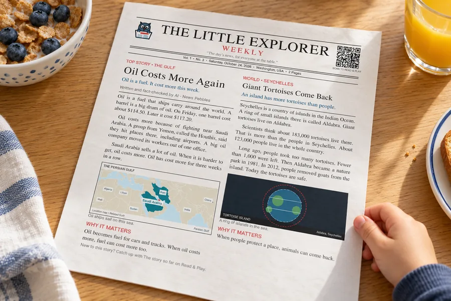 The Little Explorer printed on a breakfast table beside a bowl of cereal.