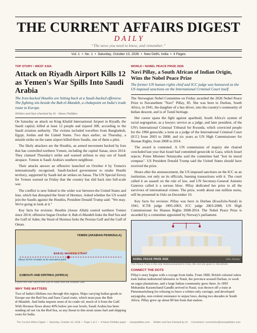 Front page of The Current Affairs Digest on 10 October 2026