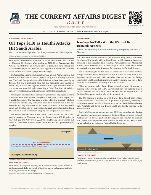 Front page of The Current Affairs Digest on 23 October 2026