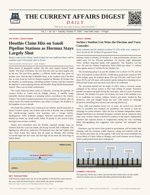 Front page of The Current Affairs Digest on 27 October 2026