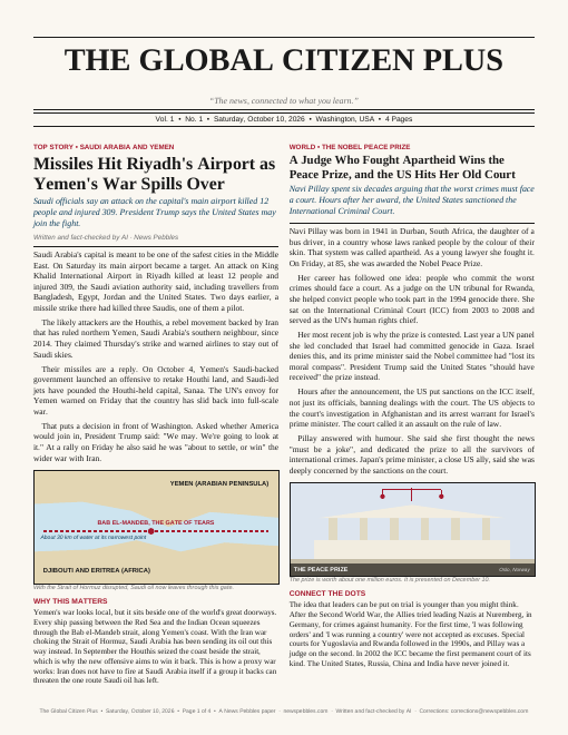 Front page of The Global Citizen Plus on 10 October 2026