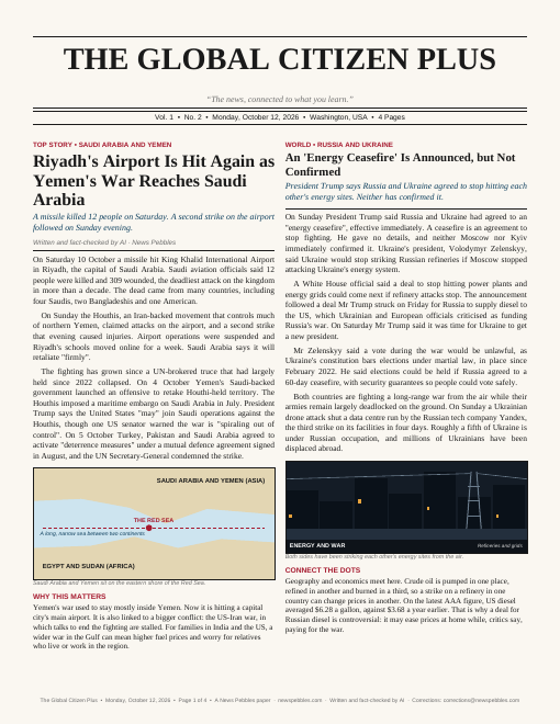 Front page of The Global Citizen Plus on 12 October 2026
