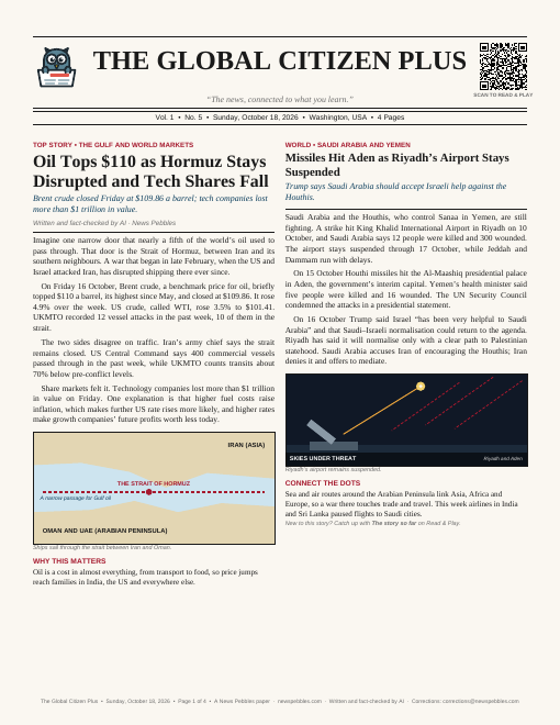 Front page of The Global Citizen Plus on 18 October 2026