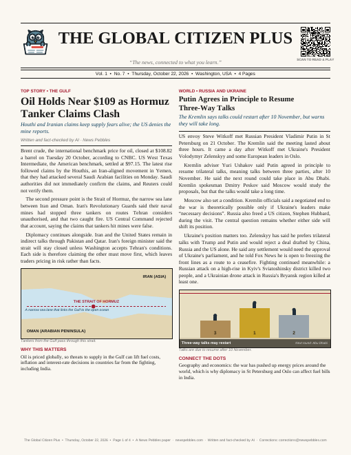 Front page of The Global Citizen Plus on 22 October 2026