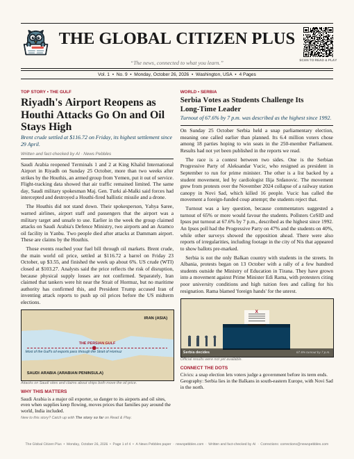 Front page of The Global Citizen Plus on 26 October 2026