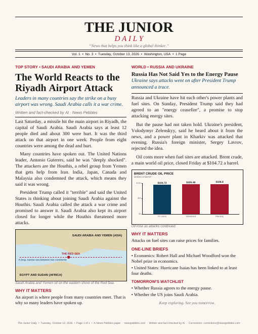 Front page of The Junior Daily on 13 October 2026