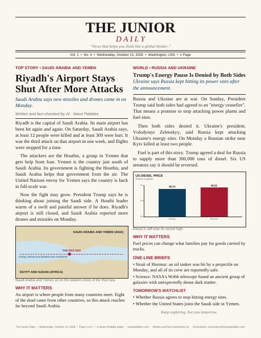 Front page of The Junior Daily on 14 October 2026