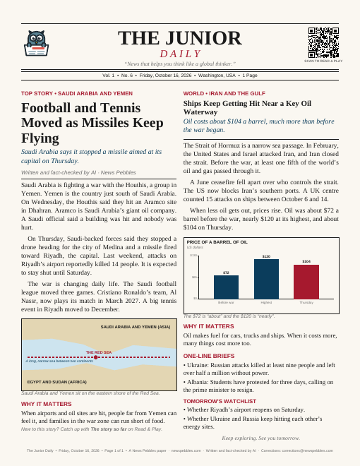 Front page of The Junior Daily on 16 October 2026