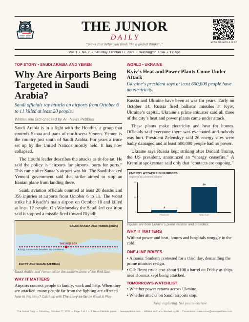 Front page of The Junior Daily on 17 October 2026