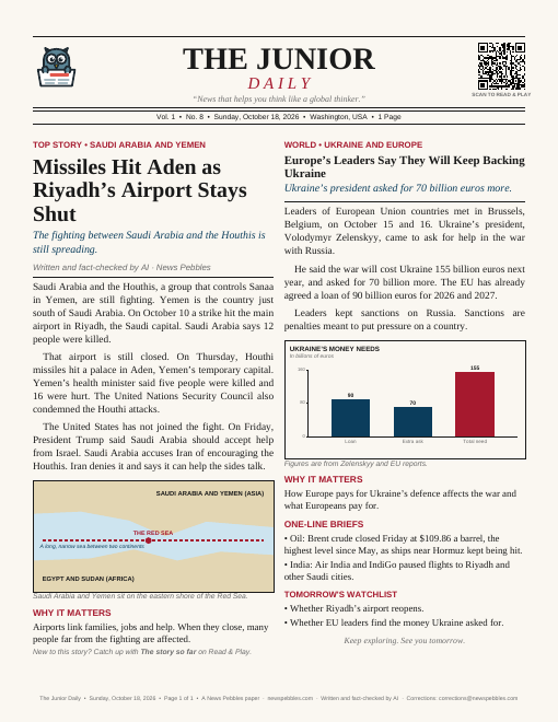 Front page of The Junior Daily on 18 October 2026