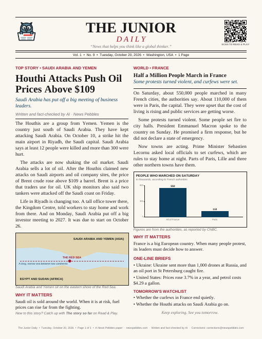 Front page of The Junior Daily on 20 October 2026