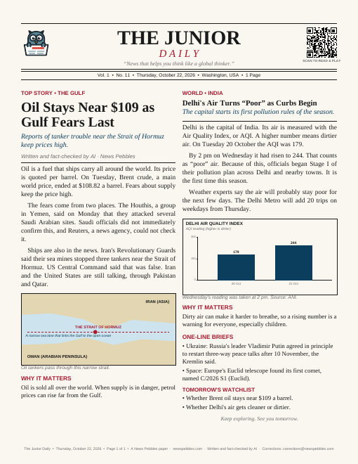 Front page of The Junior Daily on 22 October 2026