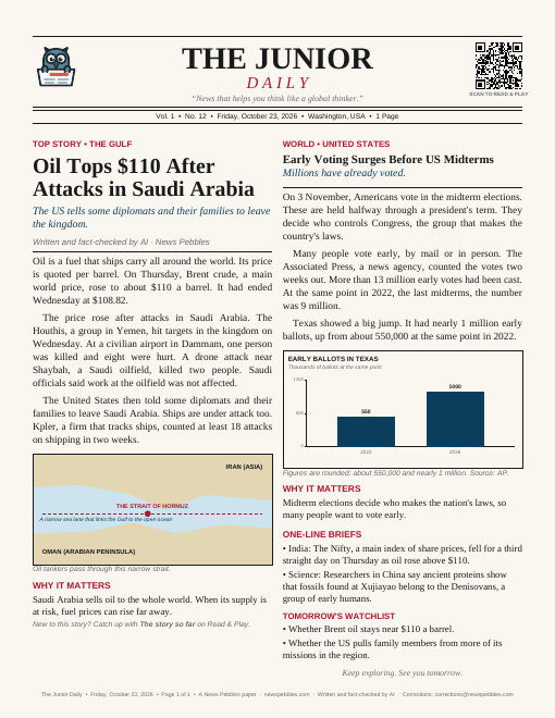 Front page of The Junior Daily on 23 October 2026