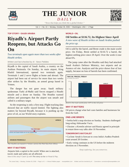 Front page of The Junior Daily on 26 October 2026