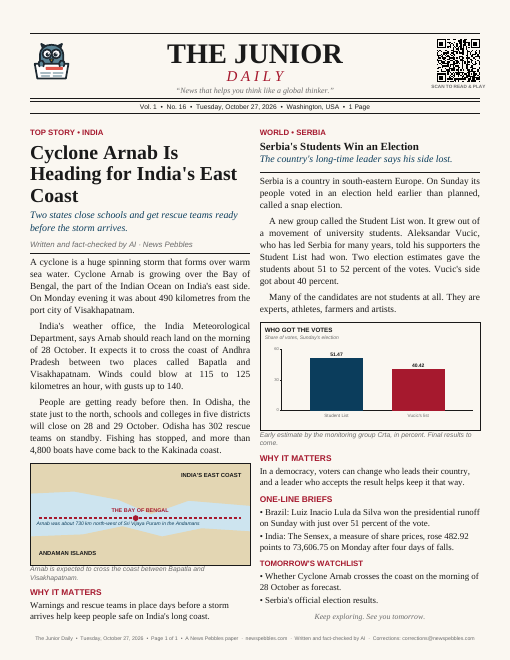 Front page of The Junior Daily on 27 October 2026