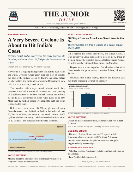Front page of The Junior Daily on 28 October 2026