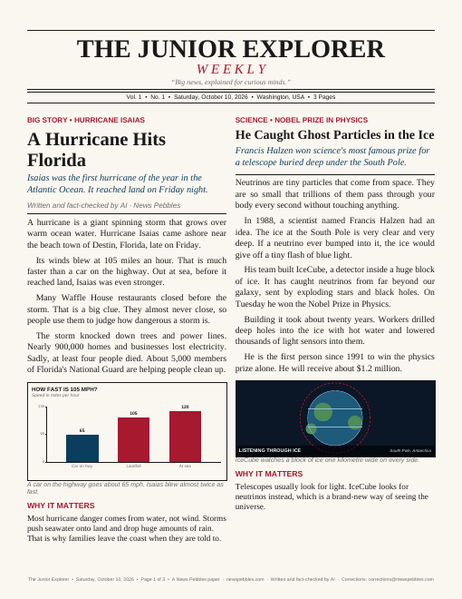 Front page of The Junior Explorer on 10 October 2026