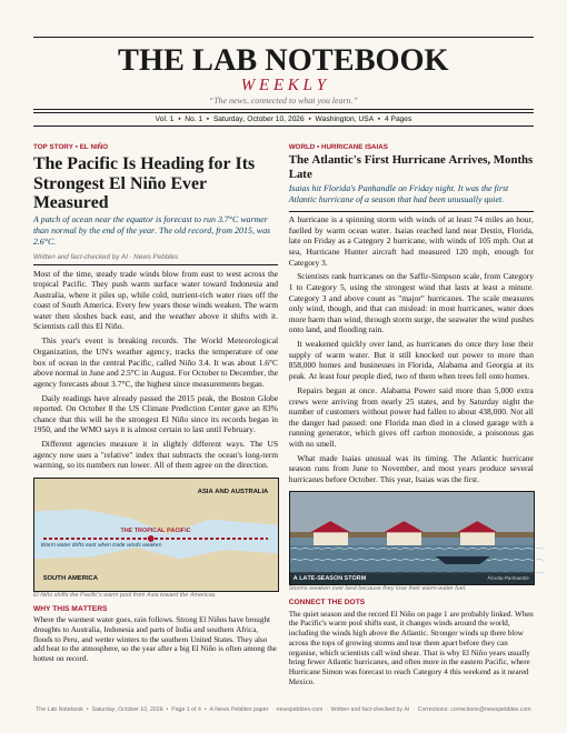 Front page of The Lab Notebook on 10 October 2026