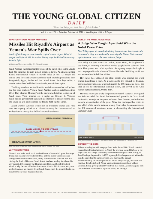Front page of The Young Global Citizen Daily on 10 October 2026