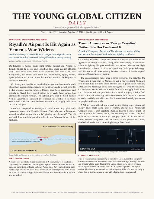 Front page of The Young Global Citizen Daily on 12 October 2026