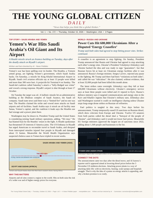 Front page of The Young Global Citizen Daily on 15 October 2026