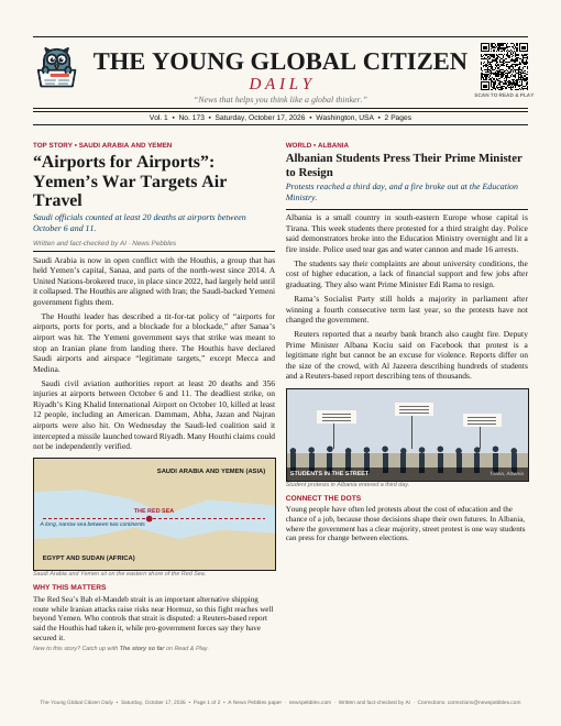 Front page of The Young Global Citizen Daily on 17 October 2026