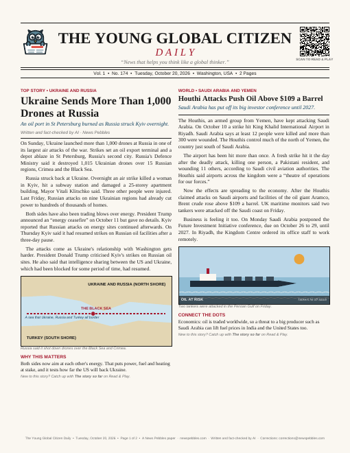 Front page of The Young Global Citizen Daily on 20 October 2026