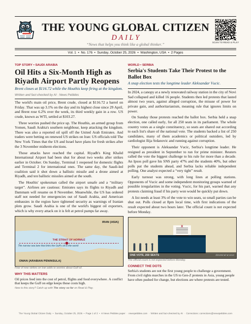 Front page of The Young Global Citizen Daily on 25 October 2026