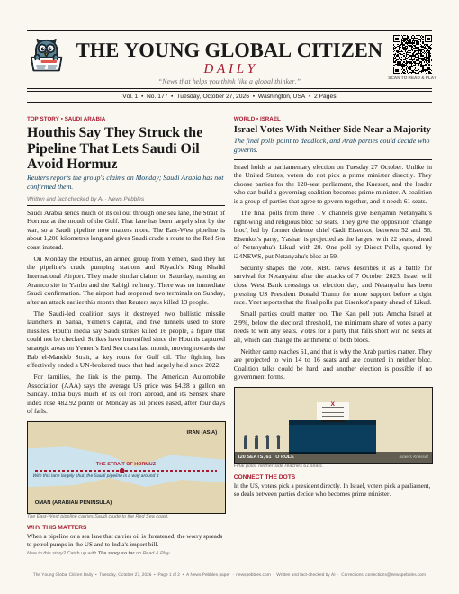 Front page of The Young Global Citizen Daily on 27 October 2026
