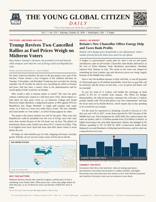 Front page of The Young Global Citizen Daily on 31 October 2026